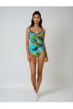 Maillot de bain drapé latéral bleu marine, turquoise et jaune, motif plumes, pour femme, HZL25S-LC6243
