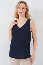 V Yaka Sıfır Kol Bluz 950 - Lacivert