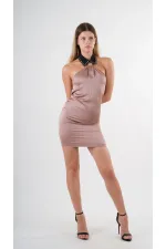 Kadın Camel Halter Yaka Saten Kumaş Sırt Dekolteli Mini Elbise HZL24S-YY262
