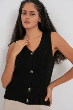 15881 Düğmeli Kısa Triko Yelek - Siyah