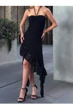 Kadın Siyah Boyundan Bağlamalı Straplez Asimetrik Astarlı Dantel Elbise HZL25S-ZK13671