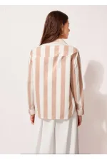 Kadın Bej Krem Çizgili Saten Gömlek HZL23S-BD1201731