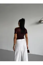 Kadın Kahverengi Tek Omuz Transparan Tül Detaylı Şık Sandy Bluz HZL26S-FRY123871