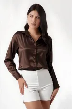 Women's Brown Lightweight Flowing Satin Finish Shirt HZL22W-BD139641