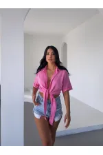 Kadın Pembe Bağlama Detaylı Müslin Keten Bluz HZL25S-DSB1212