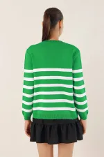 Cardigan en tricot à rayures vertes pour femme, coupe décontractée, col en V, HZL24W-BD1102151