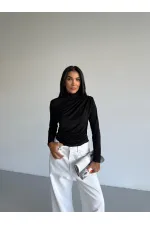 Kadın Siyah Uzun Kollu Drape Detaylı Boğazlı Sandy Bluz HZL25W-FRY123301