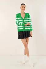 Cardigan en tricot à rayures vertes pour femme, coupe décontractée, col en V, HZL24W-BD1102151