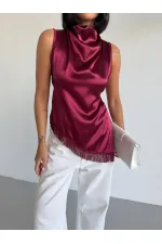 Women's Burgundy Halter Neck Asymmetrical Cut Fringe Detail Satin Blouse HZL26S-FRY123911