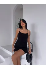 Kadın Siyah İnce Askılı Yanlardan Drapeli Mini Elbise HZL25S-FRY123071