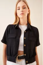 Women's Black Pocket Buttoned Short Sleeve Summer Crop Shirt Jacket HZL22S-BD106631