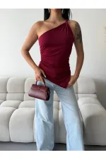 Kadın Bordo Tek Omuz Asimetrik Kesim Sandy Bluz HZL25S-FRY123241