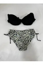 Kadın Siyah Taş İşlemeli Bej Desenli Astarlı Büyük Beden Bikini Takımı HZL25S-LC3351