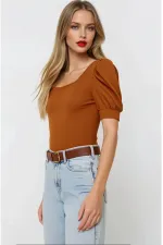 Kadın Taba Kare Yaka Örme Bluz HZL22W-BD104091