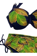 Kadın Lacivert Yaprak Desenli Taş İşlemeli Astarlı Bikini Takım HZL25S-LC3305