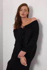 Kadın Siyah Madonna Yaka Kolu Lastikli Uzun Viskon Elbise HZL25S-VM10331