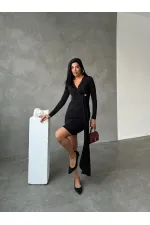 Kadın Siyah V Yaka Toka Ve Büzgü Detaylı Elbise HZL25W-FRY122611