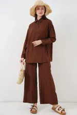 Ensemble deux pièces tunique et pantalon à lacets pour femme 6752 - Marron