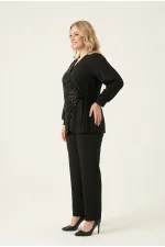 Kadın Siyah Büyük Beden Payet Detaylı Pantolon Bluz Abiye Takım HZL26W-PR10011