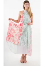 Kadın Kırmızı Yeşil Bloklu Yaprak Desenli Halter Yaka Kuşaklı Astarlı Uzun Elbise HZL24S-YY233