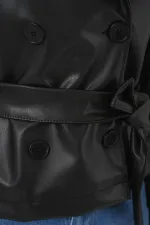 Women's Belted Faux Leather Jacket 1046 - Black