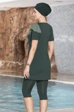 Kadın Tesettür Haki Kısa Kollu Önü Fırfırlı Boneli Taytlı Elbise Mayo HZL24S-AR1154-29