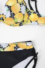 Kadın Sarı Siyah Limon Desenli İp Askılı Yüksek Bel Bikini Takım HZL24S-LC3348