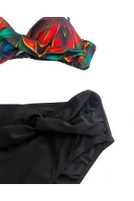 Women's Black Red Floral Patterned Lined Plus Size Bikini Set HZL25S-LC24108