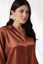 Kadın Bakır Hafif Dökümlü Saten Yüzeyli Gömlek Hzl22w-bd139641