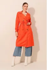 Women's Orange Double-Breasted Belted Unlined Seasonal Comfortable Trench Coat Hzl22s-bd158531
