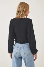 Kadın Siyah Dokulu Anvelop Yaka Kuşaklı Trend Rahat Örme Bluz HZL23W-BD104411