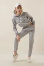 Women's Gray Hooded Printed Polar Fleece Top Crop Top with Underwire Tracksuit Set HZL23W-BD1553971