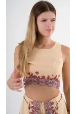 Kadın Sarı Etnik Desenli Beli Kuşaklı Bluz Şort İkili Takım HZL24S-YY261