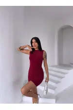 Kadın Bordo Beli Drapeli Sandy Kumaş Mini Elbise HZL25S-FRY122981