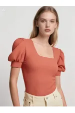 Kadın Gül Kurusu Kare Yaka Örme Bluz HZL22W-BD104091