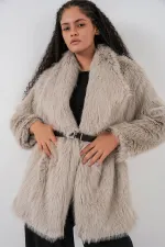 Women's Belted Oversize Fur Coat 9156 - Stone