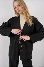 Kadın Siyah Keten Bağlama Detaylı Kimono Pantolon İkili Takım HZL26S-BD167271