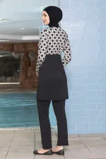 Kadın Tesettür Siyah Krem Desenli Uzun Kollu Tam Kapalı Pantolonlu Elbise Mayo HZL24S-AR1271-181