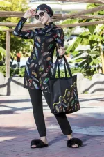 Women's Black Long Sleeve Lycra Fully Covered Feather Patterned Hijab Swimsuit HZL23S-AR12531