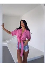 Kadın Pembe Bağlama Detaylı Müslin Keten Bluz HZL25S-DSB1212