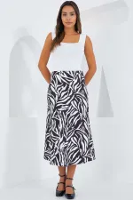 Kadın Zebra Desen Siyah Beyaz Saten Yüzeyli Beli Lastikli Midi Boy Etek Hzl23s-bd1101471