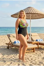 Women's Black Green V-Neck Plus Size Swimsuit HZL25S-LC4008