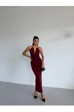 Kadın Bordo Boyundan Aksesuarlı Yandan Yırtmaçlı Midi Boy Sandy Elbise HZL26S-FRY123841