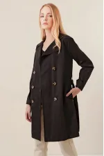 Trench-coat court noir à double boutonnage pour femme, non doublé, confortable et de saison, avec ceinture (HZL23S-BD158641)