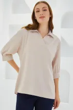 Women's Cream Shirt Collar Satin Blouse 0493