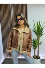 Kadın Kahverengi İçi Suni Kürklü Önden Düğmeli Suni Deri Mont HZL23W-BRC129311
