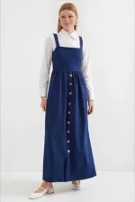 Kadın Lacivert Askılı Düğme Detaylı Cepli Kuşaklı Uzun Elbise HZL24S-BD124901