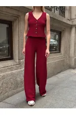 Kadın Bordo Beli Lastilkli Gofre Kumaş Pantolon HZL24S-ZK13261