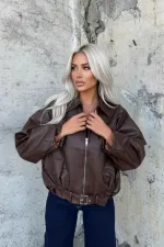Kadın Kahverengi Fermuar Kapamalı Oversize Suni Deri Ceket HZL25W-BD110561