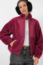 Veste zippée bordeaux imprimée en fausse peau de mouton pour femme, doublée de peluche HZL25W-BD151941